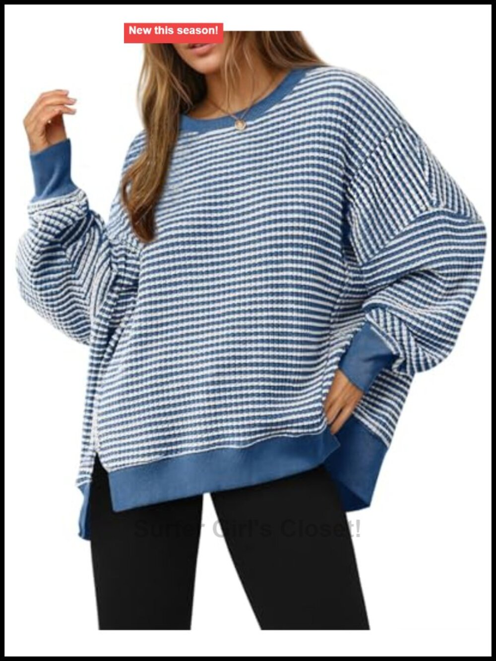Waffle Knit Oversized Sweatshirt Crewneck Split Tunic Pullover